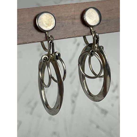 Vintage Screwback Silver Tone Dangle Hoop Earrings - Picture 2 of 10